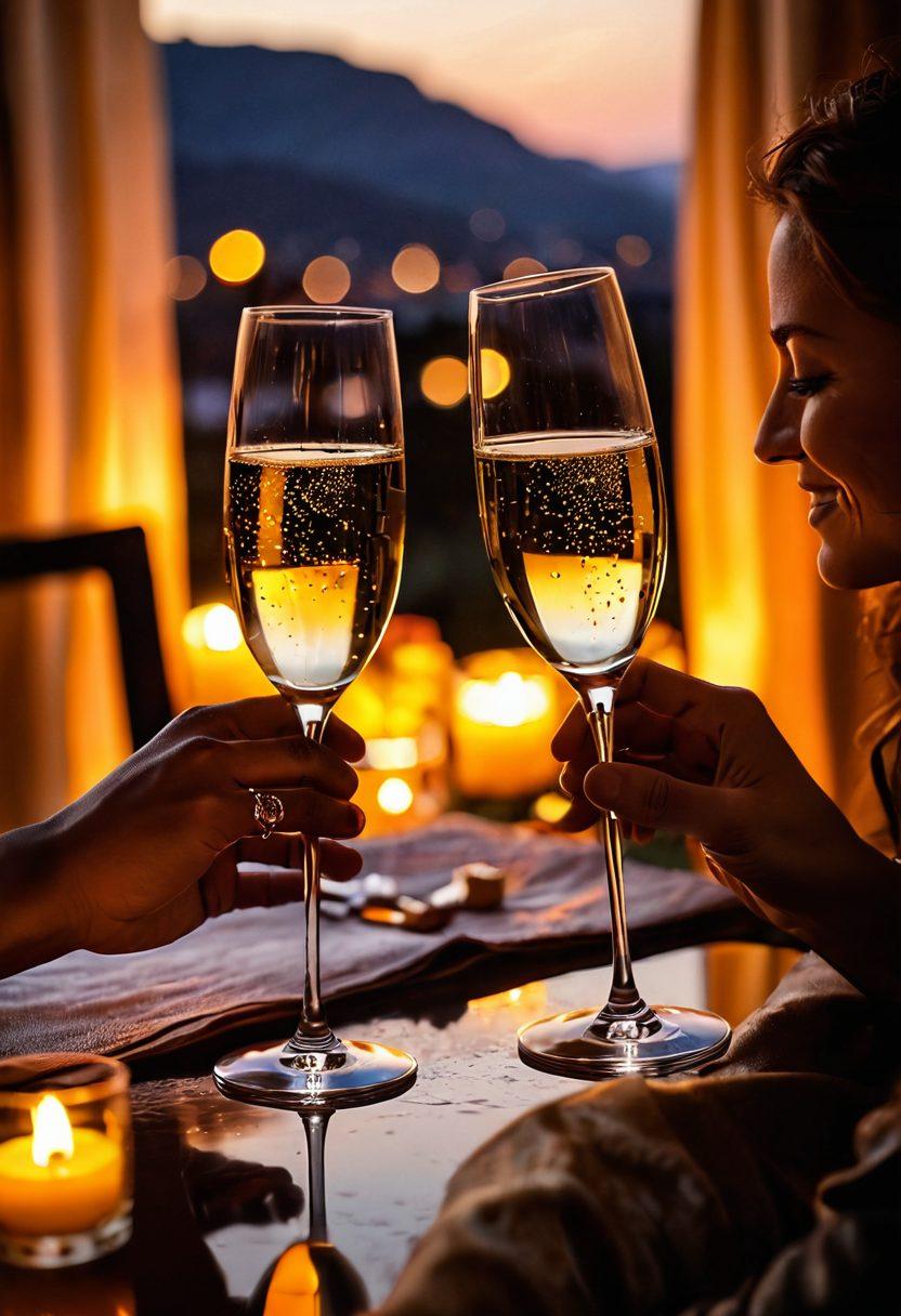 A couple enjoying a luxurious evening, surrounded by soft candlelight and elegant decor, sharing laughter and intimate moments. A scenic sunset view in the background, with their hands intertwined, showcasing a bond of love and partnership. Rich textures of velvet and silk in the setting, embodying the essence of luxury. The atmosphere is warm and inviting, with sparkling wine glasses reflecting the light. soft focus. romantic. vibrant colors.