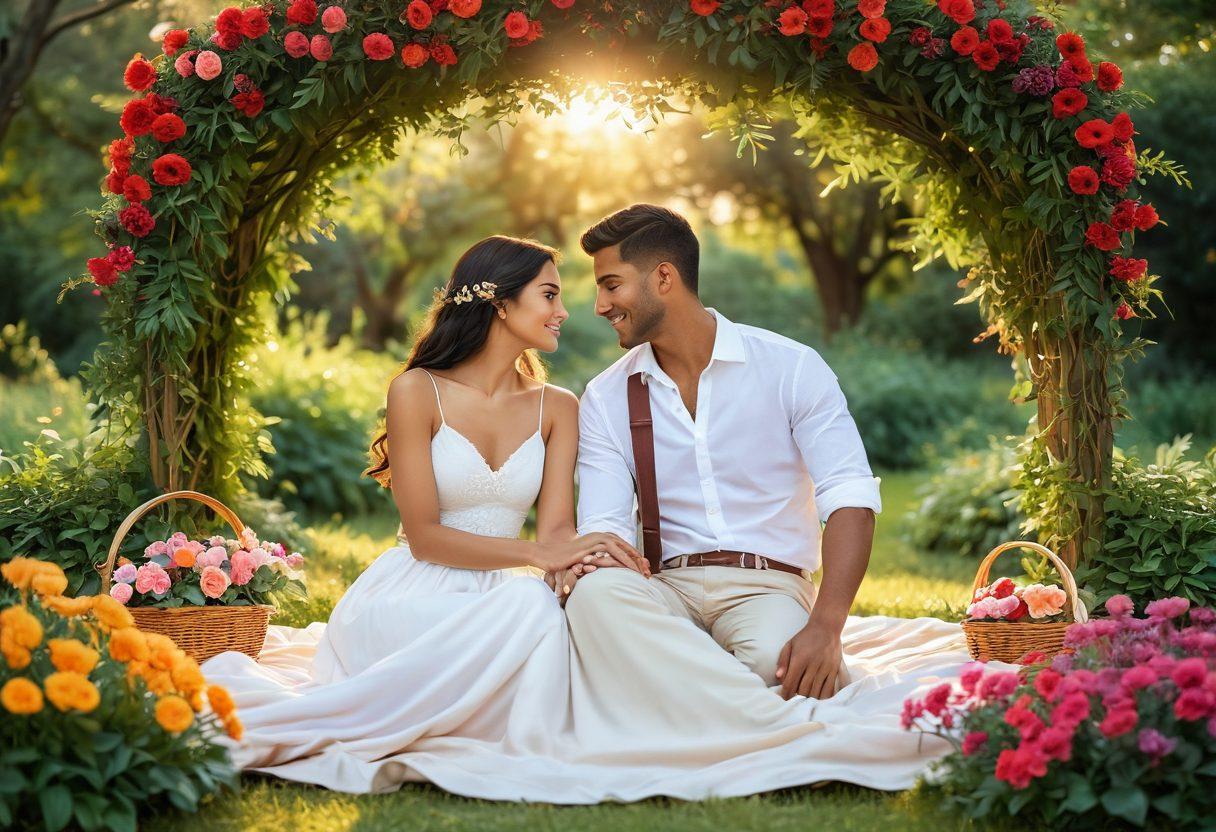 A serene, elegant couple surrounded by lush greenery, sharing a tender moment under a canopy of vibrant flowers. Soft golden light filters through, highlighting their joyful expressions of love and devotion. Intimate details such as intertwined hands and a shared gaze enhance the magic of their relationship. The background includes elements like a romantic picnic setup and an inviting sunset. super-realistic. vibrant colors. soft focus.