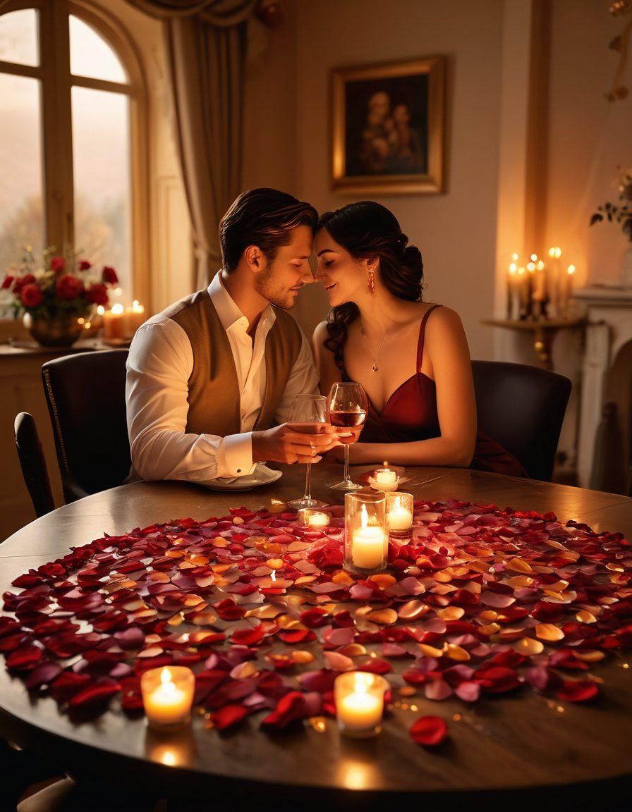 A romantic, luxurious setting with a beautifully set dinner table adorned with candles and rose petals, soft golden lighting casting a warm glow. In the background, a couple is sharing a passionate moment, wrapped in a cozy embrace, surrounded by elements of elegance like fine wine and exquisite decor. The atmosphere exudes opulence and intimacy, inviting the viewer to explore the depths of a rich romance. super-realistic. vibrant colors. warm tones.